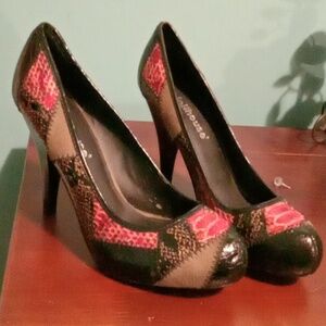 Dollhouse Red Snake Print Patch Heels